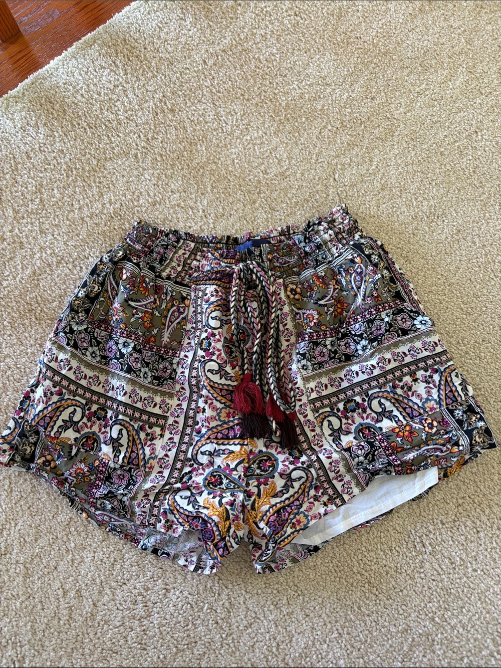 Blue Rain Multicolor Paisley High-Waist Shorts with Braided Tassel